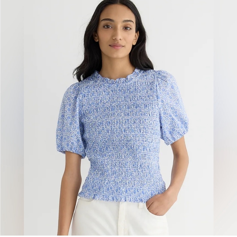 NWT J. Crew Puff Sleeve Smocked Top in Liberty D’Anjo Coast Fabric